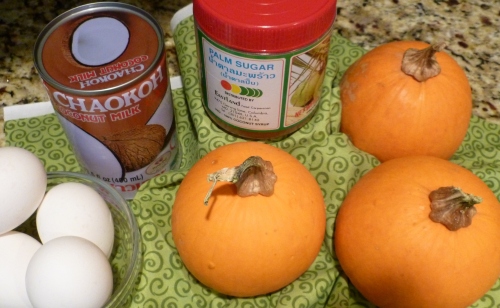 Ingredients for Thai coconut custard in pumpkin shell