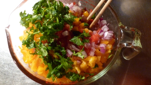 Mix all the salsa ingredients in a large bowl